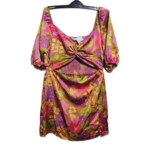 New Lush Dress Smocked Large Cutout Midsection Puff Sleeve Moss Fuchsia (908)
